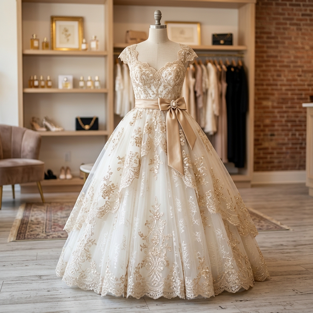 Champagne Gold Ivory Lace Birthday Frock