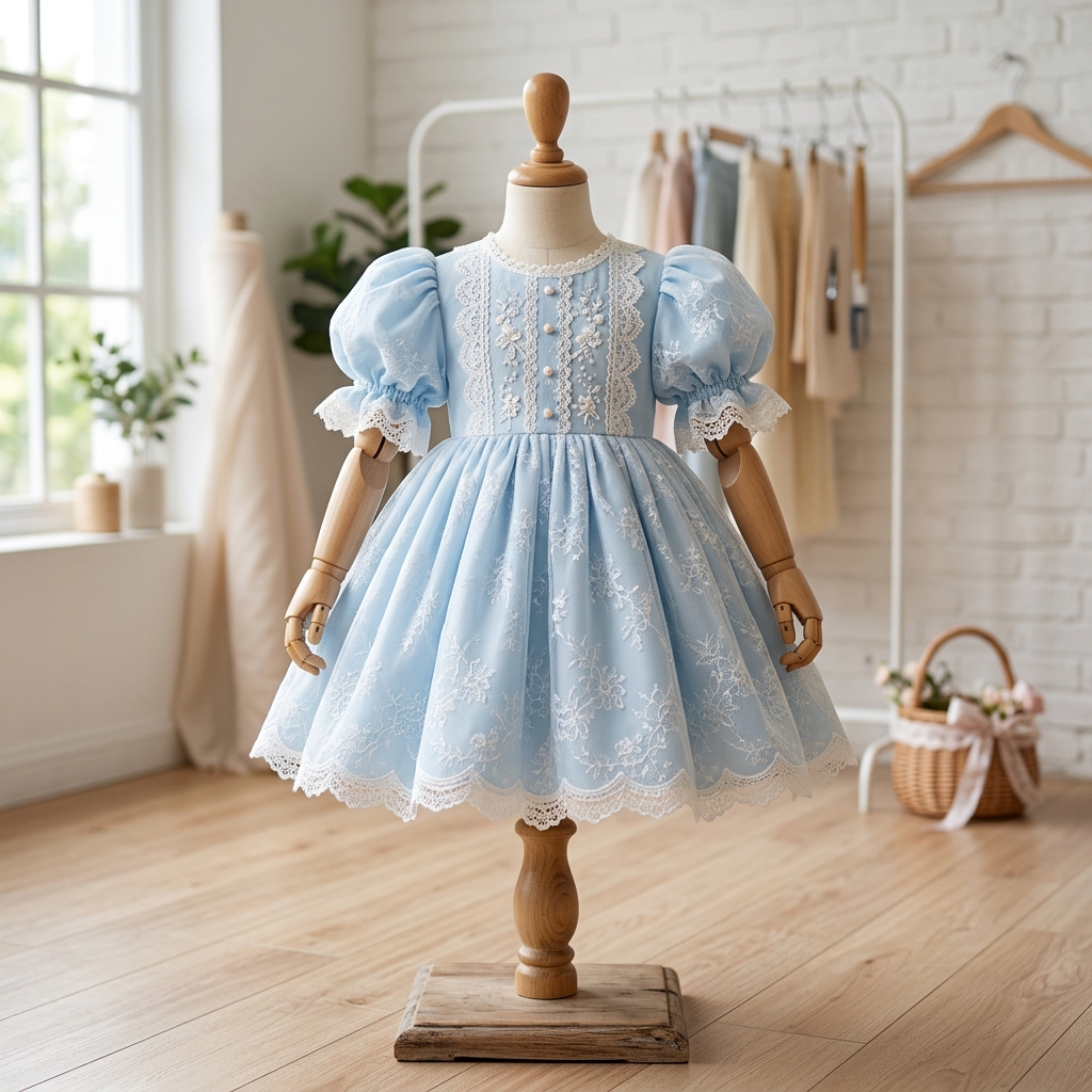 Sky Blue Puff Sleeve Party Frock
