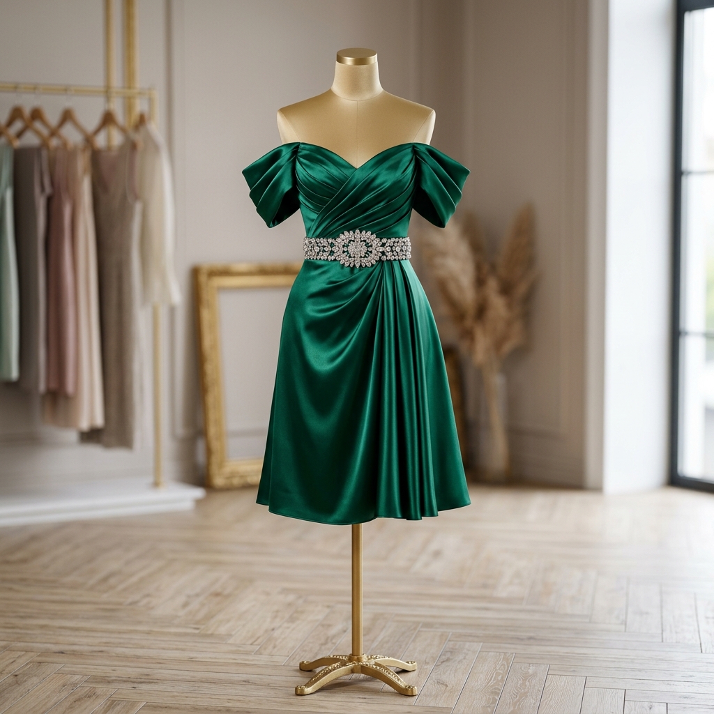 Emerald Green Off-Shoulder Satin Frock